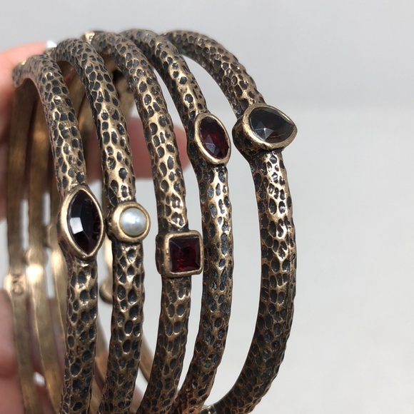 Vintage Bracelet Brass Tone Gemstone Bangle Set - Picture 9 of 9
